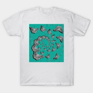 A swirl of gray butterflies on teal background T-Shirt